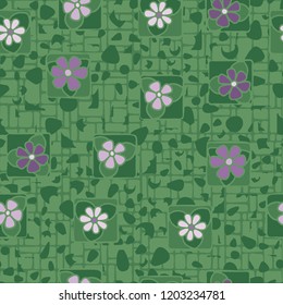 Seamless pattern. Flowers, spots and a grid of rectangles.