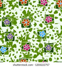 Seamless pattern. Flowers, spots and seven-pointed stars.