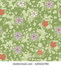 Seamless pattern. Flowers, spots and seven-pointed stars.
