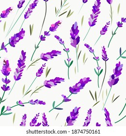 Seamless pattern with flowers and sprigs of lavender on a white background