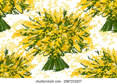 Patrón de flores sin foco. Ramo primaveral de mimosa amarilla sobre fondo blanco.