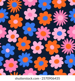 Seamless pattern with flowers. Spring mood. Cute flowers. Retro background for design and card, covers, package, wrapping paper.