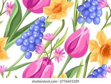 Seamless pattern with flowers. Spring muscari, tulip and narcissus.