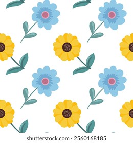 Seamless pattern Flowers. Spring, Summer, flowers, tulips, sunflower, forget-me-nots, twigs, leaves. Nature. Festive background for fabric design, packaging