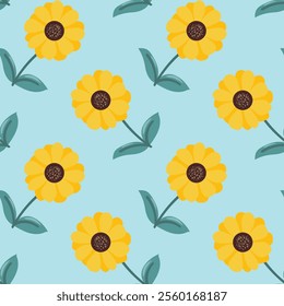 Seamless pattern Flowers. Spring, Summer, flowers, tulips, sunflower, forget-me-nots, twigs, leaves. Nature. Festive background for fabric design, packaging