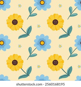 Seamless pattern Flowers. Spring, Summer, flowers, tulips, sunflower, forget-me-nots, twigs, leaves. Nature. Festive background for fabric design, packaging