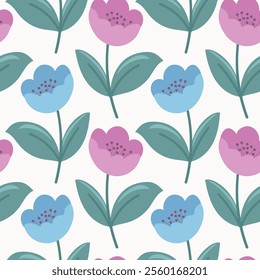 Seamless pattern Flowers. Spring, Summer, flowers, tulips, sunflower, forget-me-nots, twigs, leaves. Nature. Festive background for fabric design, packaging