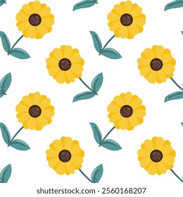 Seamless pattern Flowers. Spring, Summer, flowers, tulips, sunflower, forget-me-nots, twigs, leaves. Nature. Festive background for fabric design, packaging