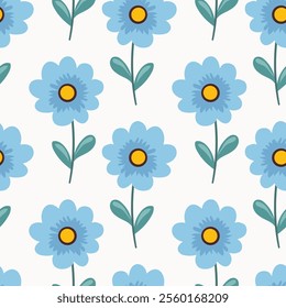 Seamless pattern Flowers. Spring, Summer, flowers, tulips, sunflower, forget-me-nots, twigs, leaves. Nature. Festive background for fabric design, packaging