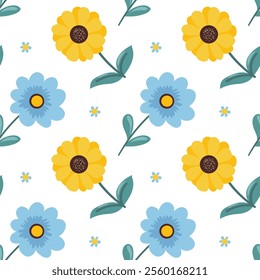 Seamless pattern Flowers. Spring, Summer, flowers, tulips, sunflower, forget-me-nots, twigs, leaves. Nature. Festive background for fabric design, packaging