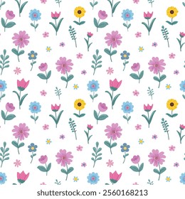 Seamless pattern Flowers. Spring, Summer, flowers, tulips, sunflower, forget-me-nots, twigs, leaves. Nature. Festive background for fabric design, packaging