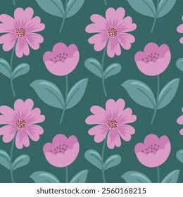 Seamless pattern Flowers. Spring, Summer, flowers, tulips, sunflower, forget-me-nots, twigs, leaves. Nature. Festive background for fabric design, packaging