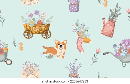 Seamless pattern flowers spring vintage. Vector illustration.
