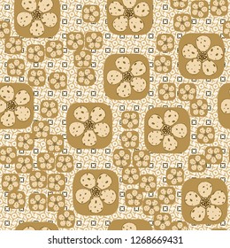 Seamless pattern. Flowers in squares. Golden shades. Background consisting of stripes and strokes of squares and eight-petal symbolic colors.