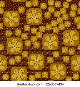 Seamless pattern. Flowers in squares. Golden shades. Background consisting of stripes and strokes of squares and eight-petal symbolic colors.
