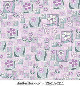 Seamless pattern. Flowers in the squares located chaotically against the background of quadrilateral elements.