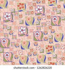 Seamless pattern. Flowers in the squares located chaotically against the background of quadrilateral elements.