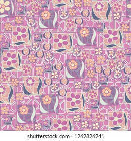Seamless pattern. Flowers in the squares located chaotically against the background of quadrilateral elements.