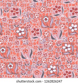 Seamless pattern. Flowers in the squares located chaotically against the background of quadrilateral elements.