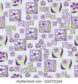 Seamless pattern. Flowers in the squares located chaotically. Background made of brush strokes and lines.