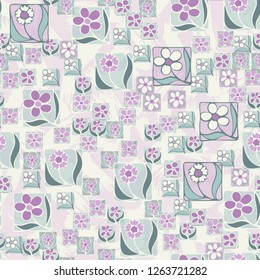 Seamless pattern. Flowers in the squares located chaotically. Background made of brush strokes and lines.