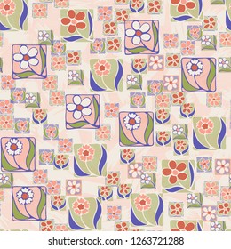 Seamless pattern. Flowers in the squares located chaotically. Background made of brush strokes and lines.