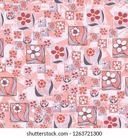 Seamless pattern. Flowers in the squares located chaotically. Background made of brush strokes and lines.