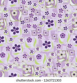 Seamless pattern. Flowers in the squares located chaotically. Background made of brush strokes and lines.
