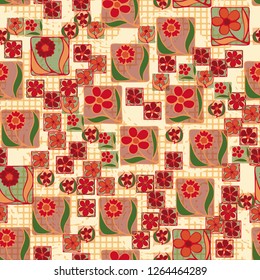 Seamless pattern. Flowers in the squares located chaotically. Checkered background with circular brush strokes.