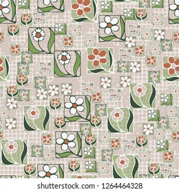 Seamless pattern. Flowers in the squares located chaotically. Checkered background with circular brush strokes.