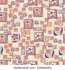 Seamless pattern. Flowers in the squares located chaotically. Checkered background with circular brush strokes.