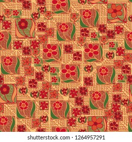 Seamless pattern. Flowers in the squares located chaotically. Background consisting of wavy lines.