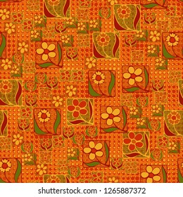 Seamless pattern. Flowers in the squares located chaotically. Background consisting of circles and stars.