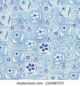Seamless pattern. Flowers in the squares located chaotically. Background consisting of circles and stars.