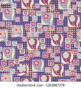 Seamless pattern. Flowers in the squares located chaotically. Background consisting of circles and stars.