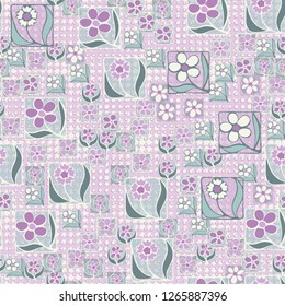 Seamless pattern. Flowers in the squares located chaotically. Background consisting of circles and stars.