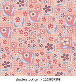 Seamless pattern. Flowers in the squares located chaotically. Background consisting of circles and stars.