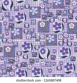 Seamless pattern. Flowers in the squares located chaotically. Background consisting of circles and stars.