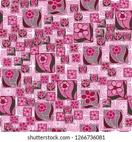 Seamless pattern. Flowers in the squares located chaotically. Background consisting of square ornamental elements.