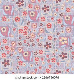 Seamless pattern. Flowers in the squares located chaotically. Background consisting of square ornamental elements.