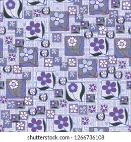 Seamless pattern. Flowers in the squares located chaotically. Background consisting of square ornamental elements.