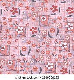 Seamless pattern. Flowers in the squares located chaotically. Background consisting of square ornamental elements.