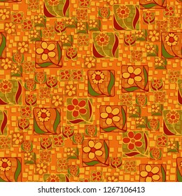 Seamless pattern. Flowers in the squares located chaotically. Background consisting of paved-relief squares.