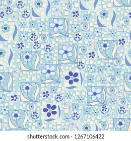 Seamless pattern. Flowers in the squares located chaotically. Background consisting of paved-relief squares.