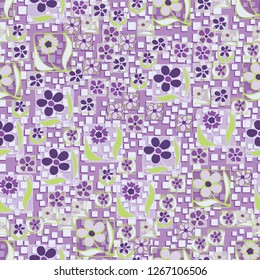 Seamless pattern. Flowers in the squares located chaotically. Background consisting of paved-relief squares.