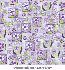 Seamless pattern. Flowers in the squares located chaotically. Background consisting of square suns.