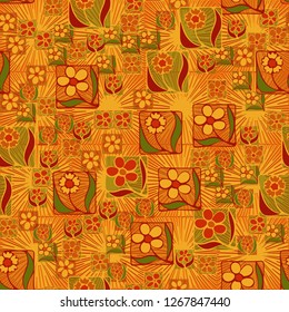 Seamless pattern. Flowers in the squares located chaotically. Background consisting of square suns.