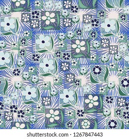 Seamless pattern. Flowers in the squares located chaotically. Background consisting of square suns.