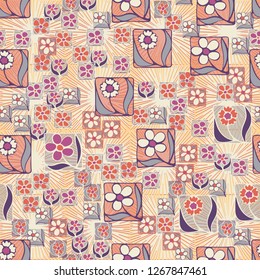 Seamless pattern. Flowers in the squares located chaotically. Background consisting of square suns.