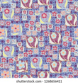 Seamless pattern. Flowers in the squares located chaotically. Background consisting of stripes and strokes of squares and eight-petal symbolic colors.